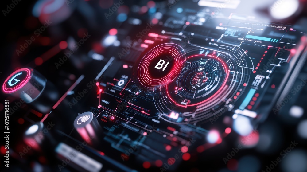Poster futuristic digital interface with glowing red and blue elements showcasing advanced technology and d