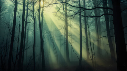 Obraz premium Autumn foggy woods with sun light ray and beautiful Fall foliage colors. 