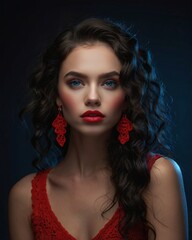 Fototapeta premium Beauty Portrait of a Woman in Red Accents Against Dark Background