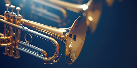 Close-up of brass band instruments, trumpets, during a celebration and street parade, copy space
