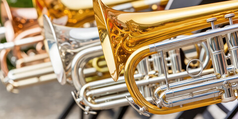 Close-up of brass band instruments, trumpets, during a celebration and street parade, copy space