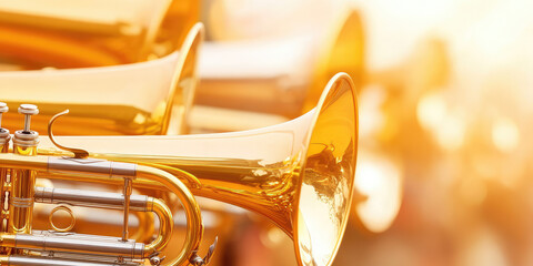 Close-up of brass band instruments, trumpets, during a celebration and street parade, copy space