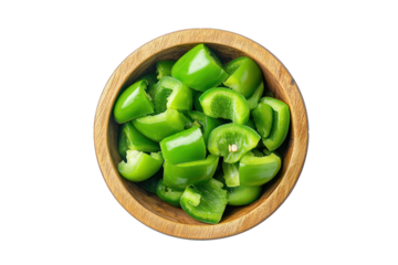 Chopped green bell pepper in a wooden bowl top view on transparent Transparent background 