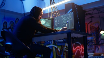 Fototapeta premium Malicious man hacking and talking on phone with partner, stealing credit card numbers, manipulating banking systems. Evil hacker runs dangerous code, chatting with friend in telephone call, camera A