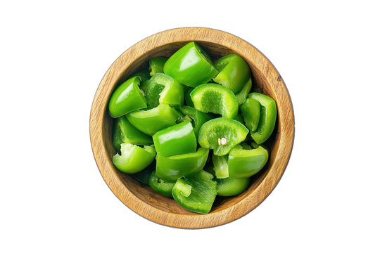 Chopped green bell pepper in a wooden bowl top view on transparent Transparent background  - Powered by Adobe
