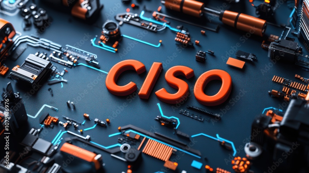 Poster futuristic circuit board with ciso text highlighting cybersecurity and technology concepts in a digi