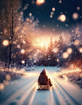 A pair of sleds resting on a snowy winter landscape, with soft snow covering the ground, evoking a magical winter wonderland.
