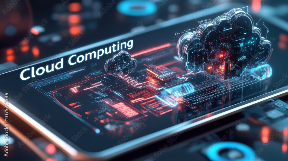 Poster futuristic cloud computing concept with digital interface on smartphone display in high-tech environ