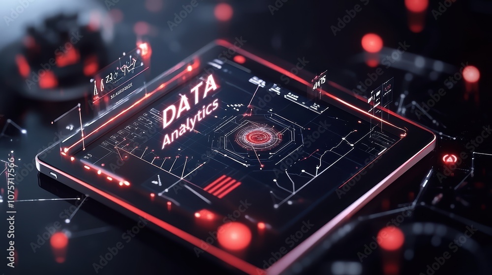 Poster futuristic digital tablet displaying data analytics with holographic interface in a dark ambient set