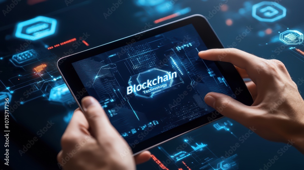 Poster hands holding tablet displaying blockchain technology interface with futuristic digital graphics and