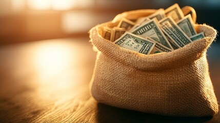 Fototapeta premium Bag bursting with dollar bills on a dark surface, side light casting deep shadows, focus on the texture of the money, creating a sense of mystery