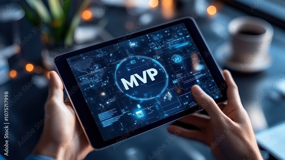 Poster hands holding tablet displaying mvp concept in modern office setting with digital interface and tech