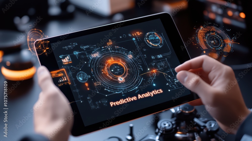 Poster futuristic digital interface displaying predictive analytics on tablet in high-tech environment with