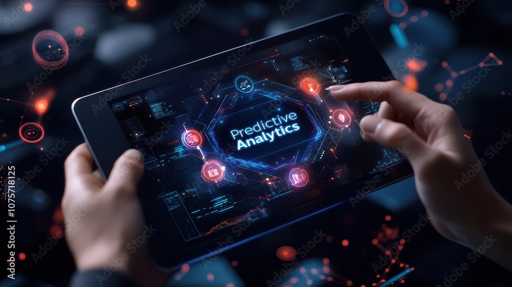 Poster hands using tablet with predictive analytics interface in futuristic digital environment