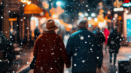 Naklejka premium Elderly Couple Strolling Hand in Hand Through Snowy Winter City Street