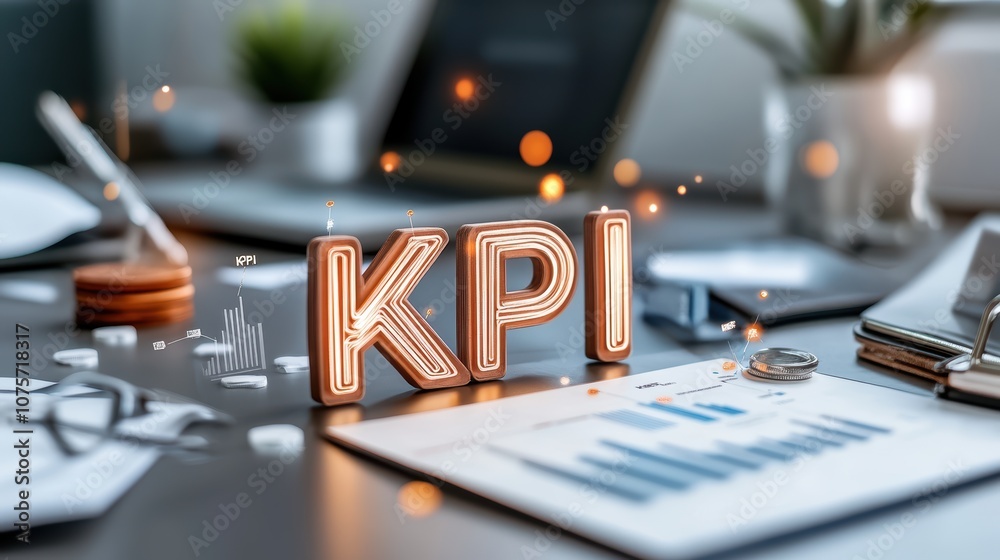 Poster modern office workspace with kpi analytics and data visualization on desk with graphs and charts