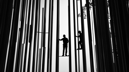 Bauarbeiter in Silhouette vor einem Gro&szlig;projekt

