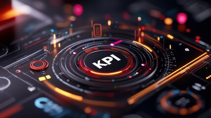Futuristic Digital Interface Displaying KPI Metrics in a High-Tech Environment with Glowing Elements and Data Visualization