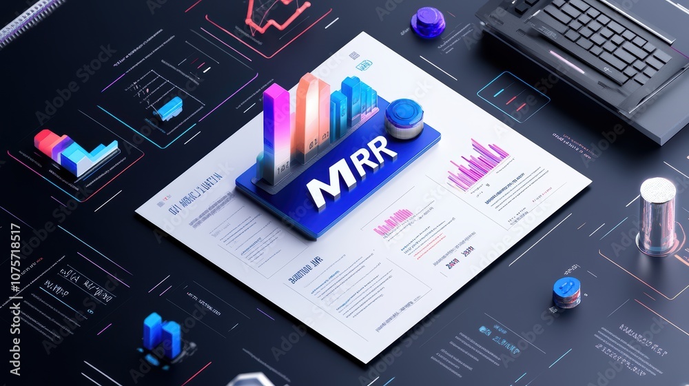 Poster futuristic business analytics dashboard with mrr graphs and data visualization on digital interface