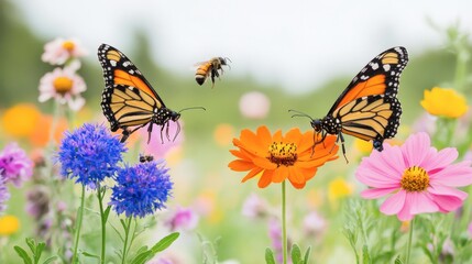 Obraz premium Colorful Monarch Butterflies and Bees Pollinating Vibrant Wildflowers in a Scenic Meadow Under Clear Sky