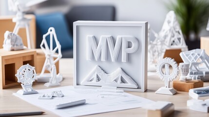 Modern 3D Printed MVP Trophy Surrounded by Geometric Models in a Creative Workspace Setting