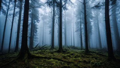 Naklejka premium Mysterious, Blue-toned foggy roll through the cold forest among high trees.