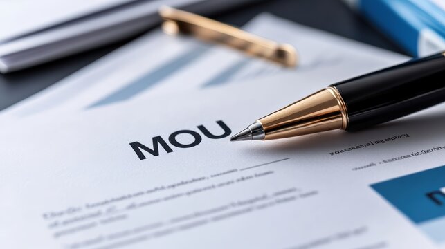 Close-up of Pen on Memorandum of Understanding Document on Desk with Blue Background