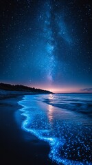 Naklejka premium A early dusk nighttime photograph of an ocean shoreline glowing with blue bioluminescence, with bright and radient stars sparkling in the sky above 