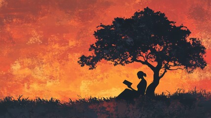 Silhouette of a woman reading under a tree at sunset.