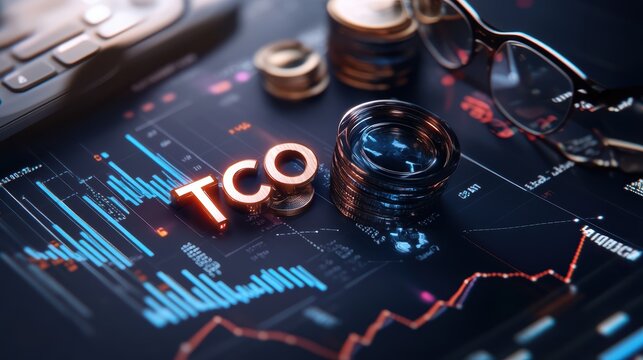 Financial Analysis Concept with TCO Letters, Coins, and Glasses on Digital Stock Market Chart Background