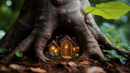 Fototapeta premium Enchanted Treehouse Nestled Among Lush Greenery with Glowing Windows and Whimsical Charm in a Serene Forest Setting