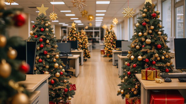 Moderne B&uuml;ro-Weihnachtsdekoration mit geschm&uuml;ckten Tannenb&auml;umen

