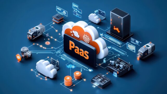 Cloud Computing Concept with Platform as a Service (PaaS) Icons and Digital Elements on a Blue Background