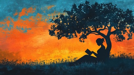 Silhouette of a woman sitting under a tree reading a book at sunset.
