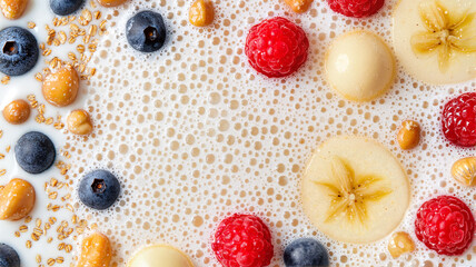 Colorful fruits and nuts in frothy smoothie background
