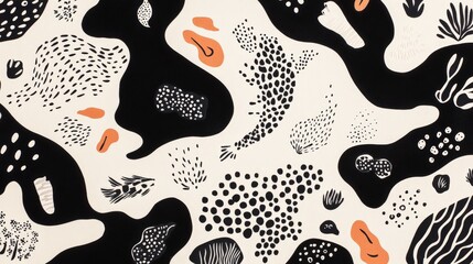 Abstract Black and White Illustration with Organic Shapes and Patterns, Featuring Textures, Lines, and Shapes in Orange Accents on a Light Background