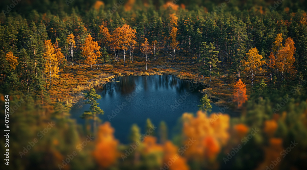 Poster A small, clear lake nestled in a forest during autumn. The trees are mostly green with some patches of bright yellow and orange leaves
