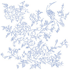 Chinoiserie botanical vintage line art, Victorian floral print
