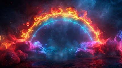 A glowing neon blue ring is surrounded by fire flames and smoke on a dark background.