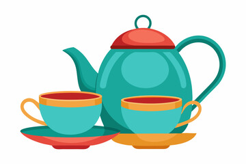 Teapot and cup set, isolated on white vector art illustration 