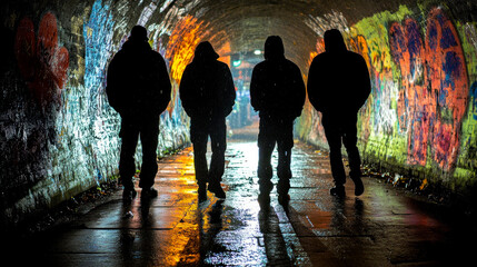 Street gangsters waiting for a victim in dark alley