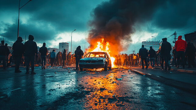 Civil unrest, rioters destroying everything, massive fires
