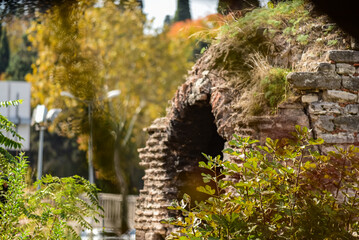 Ruins of an old castle, walls of Istanbul, bricks and building materials