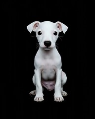 Obraz premium the baby Whippet front view, white copy space on right, Isolated on black Background