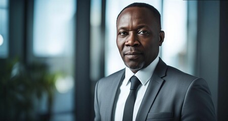 Fototapeta premium Mature businessman in suit with confident expression. Portrait of a mature, confident African American businessman in a suit, standing in a modern office with a serious expression. 