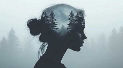 Double exposure portrait of a woman's silhouette filled with misty forest landscape, dreamy atmosphere, soft lighting, ethereal mood