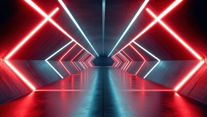 Futuristic Neon Tunnel with Red and Blue Lights