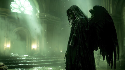 Evil dark angel, demon in demolished church