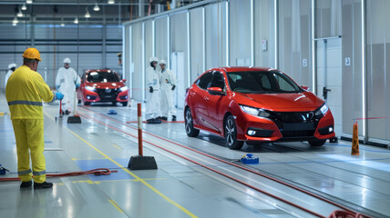 Obraz premium Engineers preparing the car for a crash test