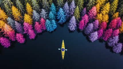 Kayaker Exploring a Vibrant Forested Lake Surrounded by Colorful Trees in Full Bloom Reflecting in the Calm Waters, Perfect for Outdoor Adventure Themes